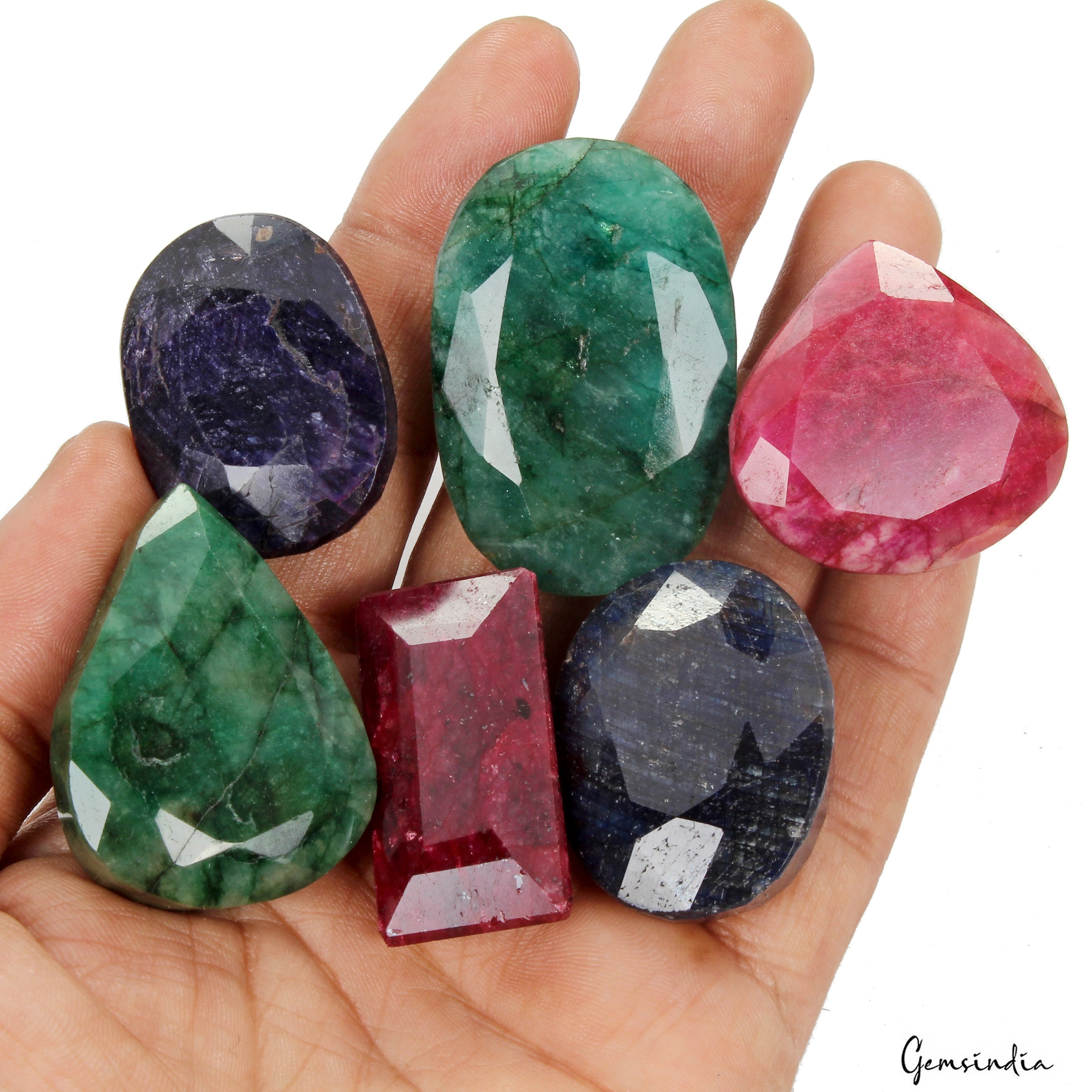 1020 Ct/6 Pcs Natural Multi Color Emerald Ruby Sapphire Mixed Cut Loose Gems Lot