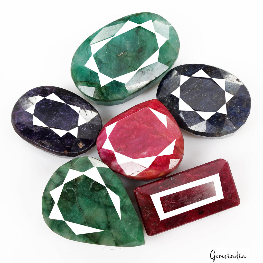 1020 Ct/6 Pcs Natural Multi Color Emerald Ruby Sapphire Mixed Cut Loose Gems Lot