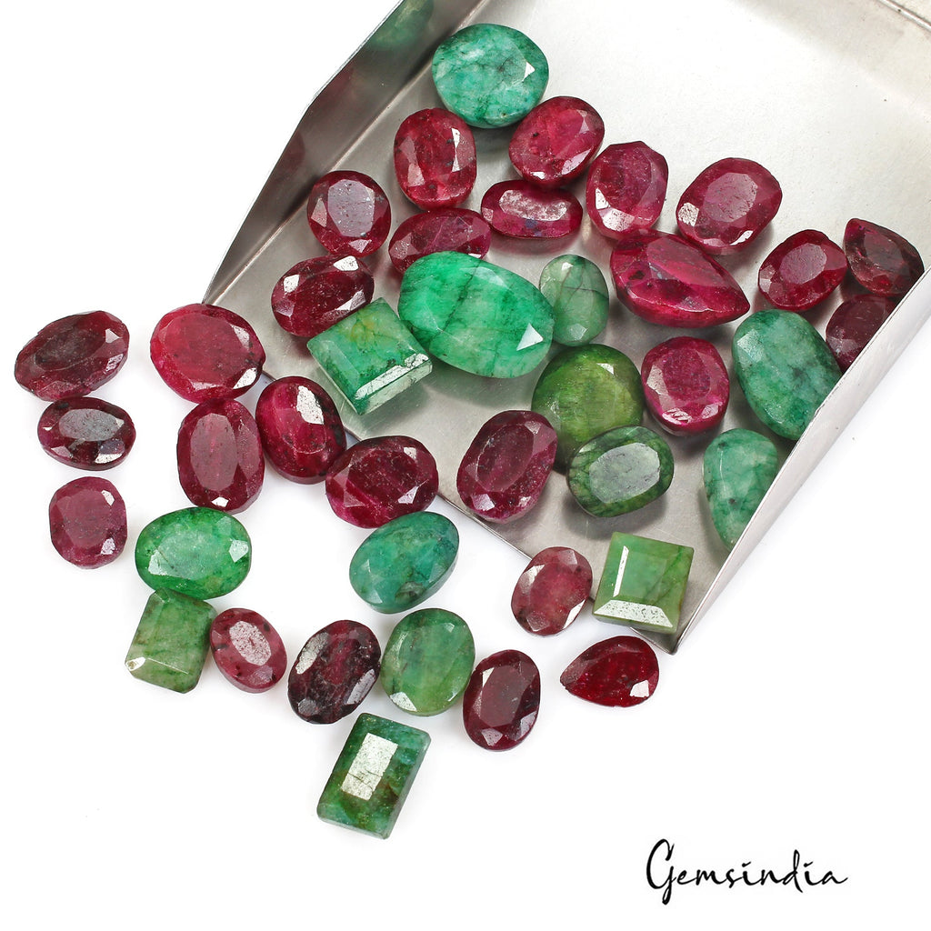 550 Cts/38 Pcs Natural Green Emerald Red Ruby Mixed Cut Loose Wholesale Gems Lot