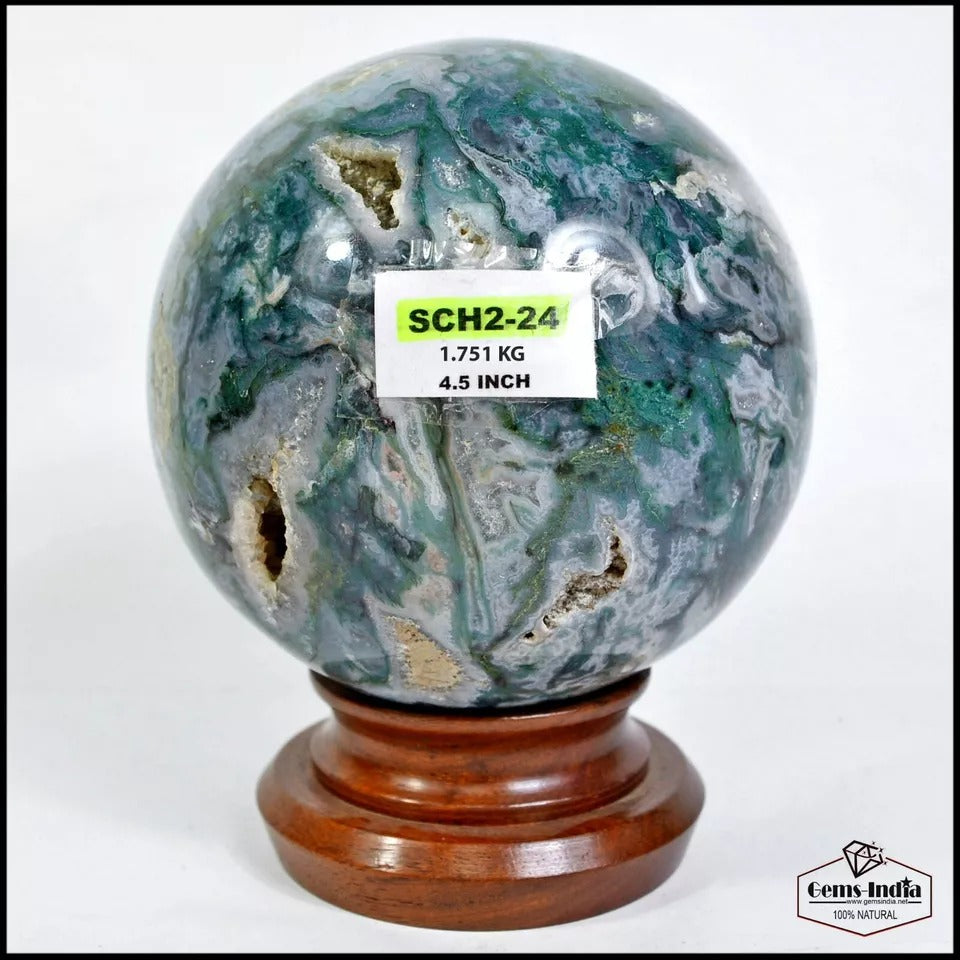4.5" Moss Agate Sphere Mineral Druzy Reiki Chakra Green Witch Crystal Globe Deco
