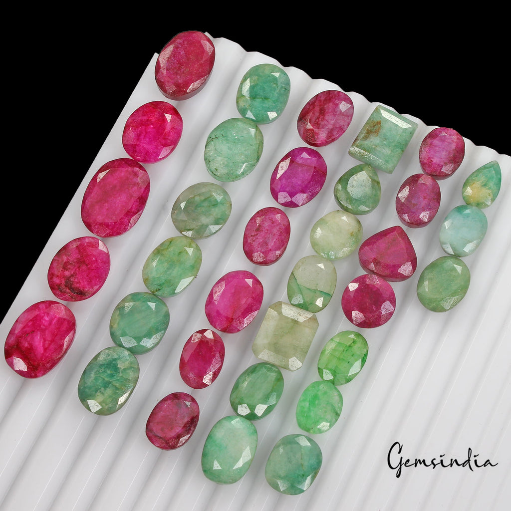280 Ct/34 Pcs Natural Red Beryl/Green Emerald Mix Cut Loose Gems Lot For Jewelry