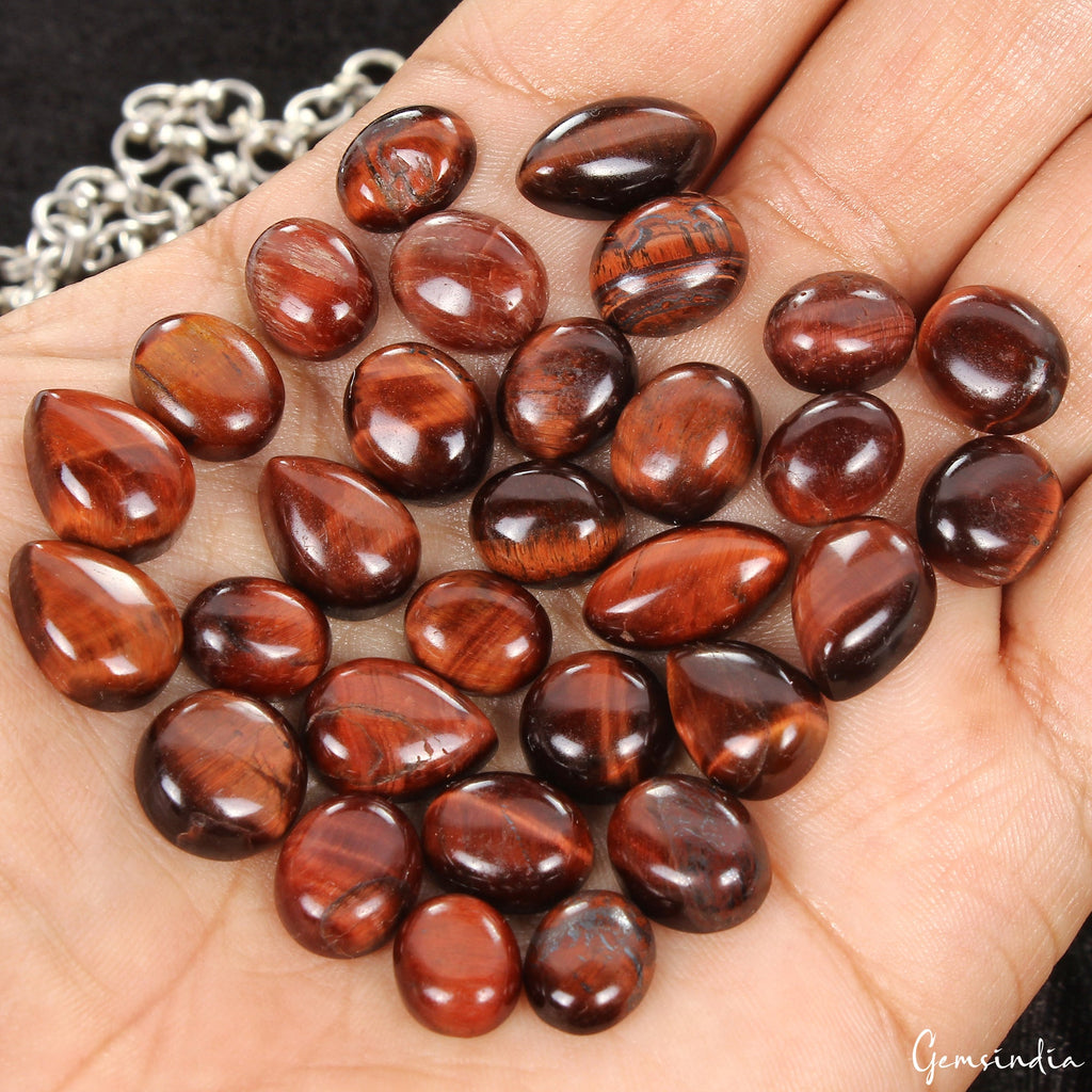 150 Ct Natural Mix Cabochon Red Tiger Eye Loose Gemstone Lot for Jewelry 10-15mm