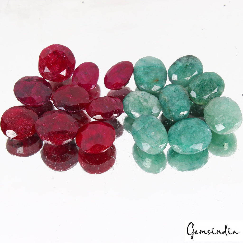 17 Pcs Natural Red Ruby Green Emerald Oval Cut 11-13mm Loose Ring Size Gemstones