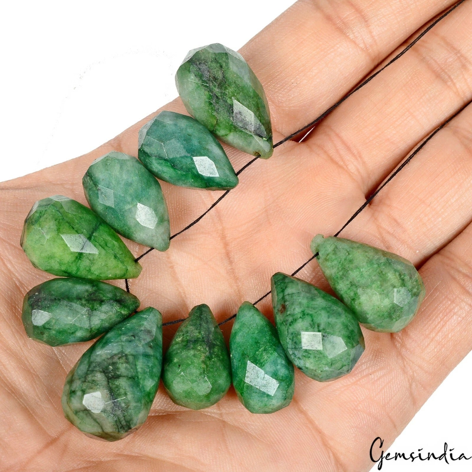 10 Pcs Natural Green Emerald Pear Checker Cut Drilled Beads/Briolettes ~300 Cts