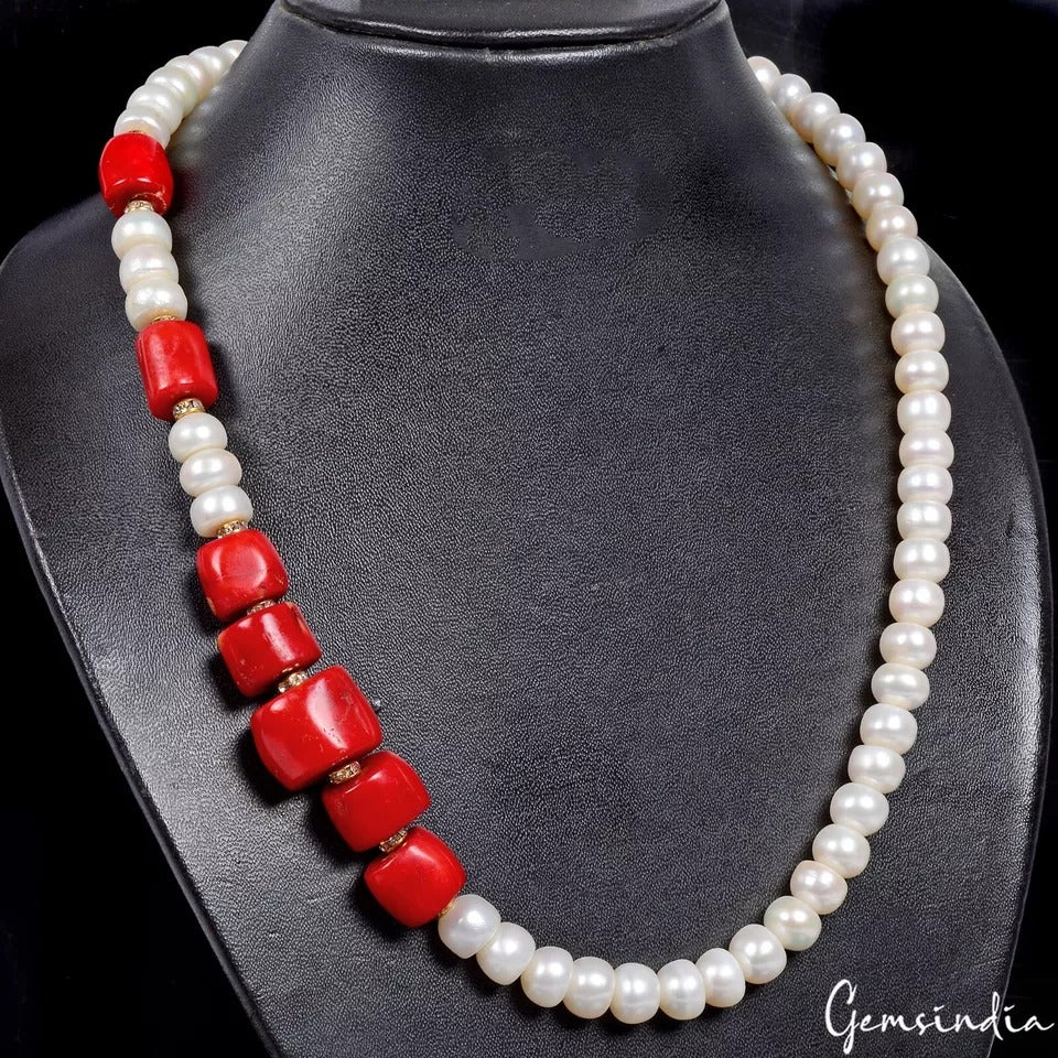 485 Ct Freshwater Pearl & Red Coral Gem Handmade Designer Single Strand Necklace