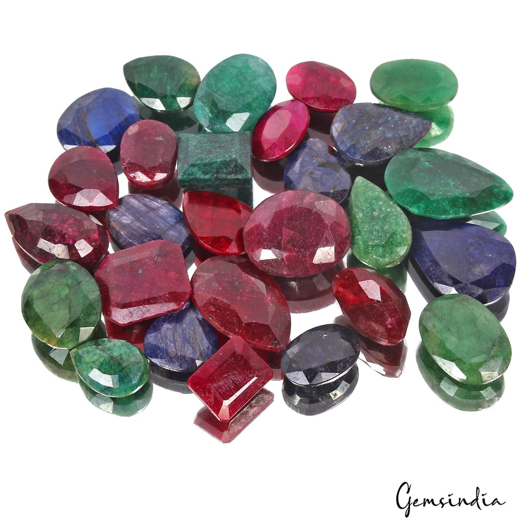 Certified 580 Ct/33 Pcs Natural Red Ruby Green Emerald Blue Sapphire Mix Cut Gem