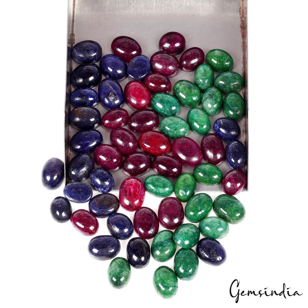 750 Ct./60 Pcs Natural Emerald Ruby Sapphire OVal Cabochon Loose Gemstones Lot
