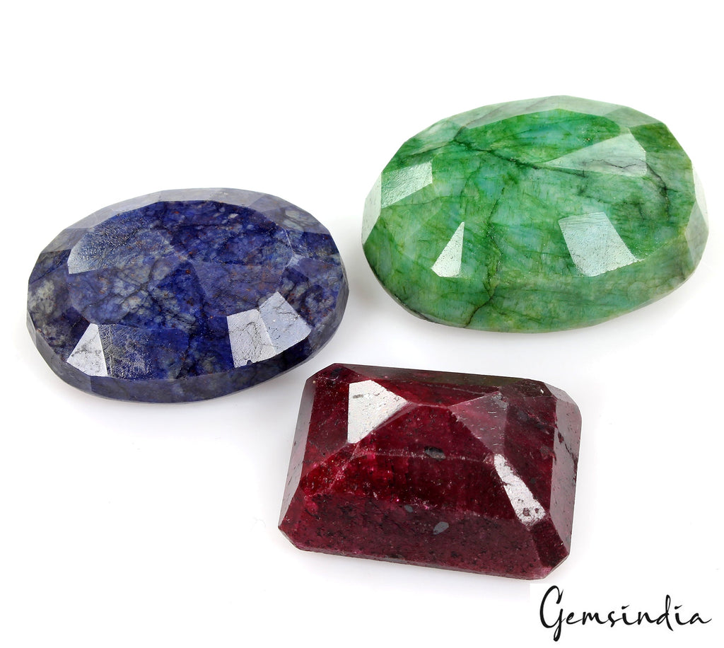 590 Cts Natural Ruby, Sapphire & Emerald Mix Cut Loose Huge Gemstones 3 Pcs Lot
