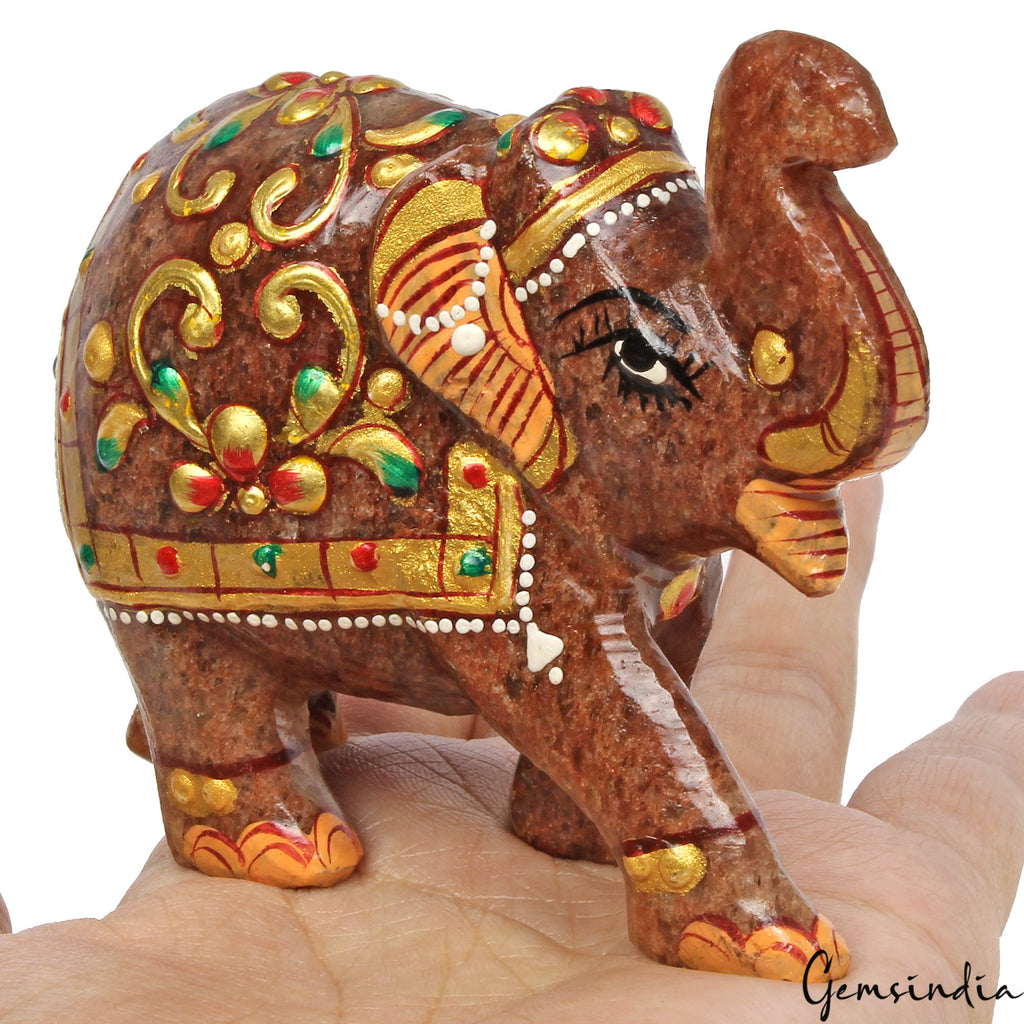 1130 Cts Natural Aventurine Hand Crafted Gold Painted Elephant Sculpture/ Statue