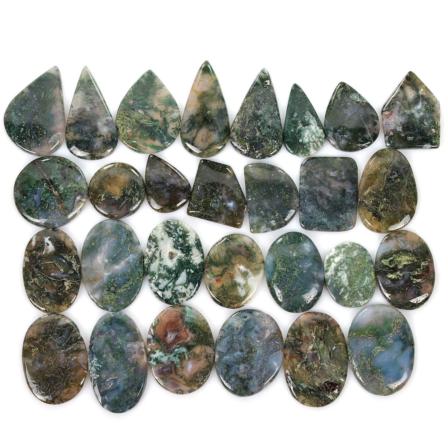 2550 Ct / 28 Pcs Natural Untreated White Green Moss Agate Mix Cab Wholesale Gems