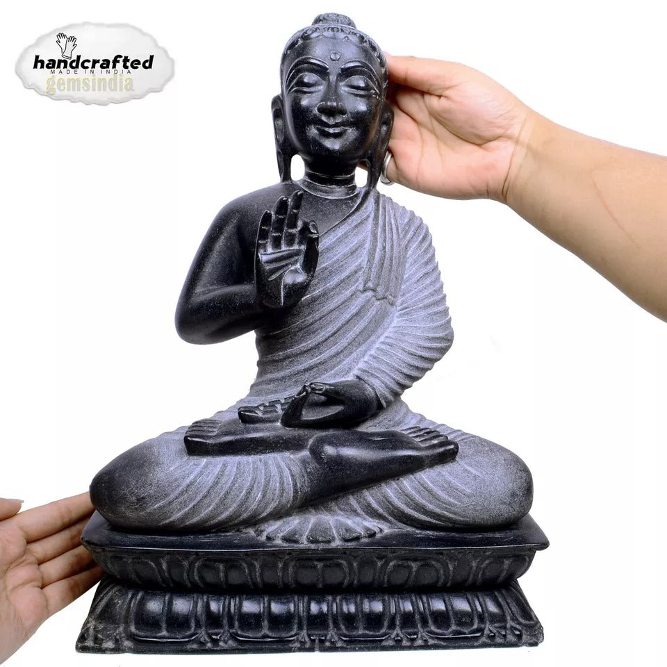 Handmade Sculpture Buddha Meditation Peace Large 15” Black Marble Idol 13.3 Kilo
