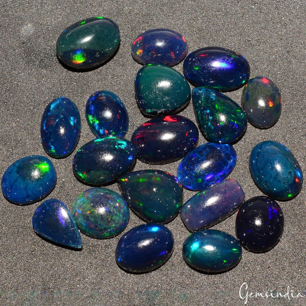 Black Opal Lot, Cabochon, Oval, Pear, Cushion Cabochon, Untreated — 20 Pieces, 8mm to 11mm, 31.25 Ct, Ethiopia