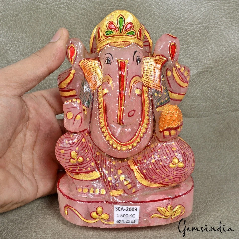 1.5 kilo Natural Pink Rose Quartz Gem Hand Carved Ganesha Gold Paint Statue 6 In