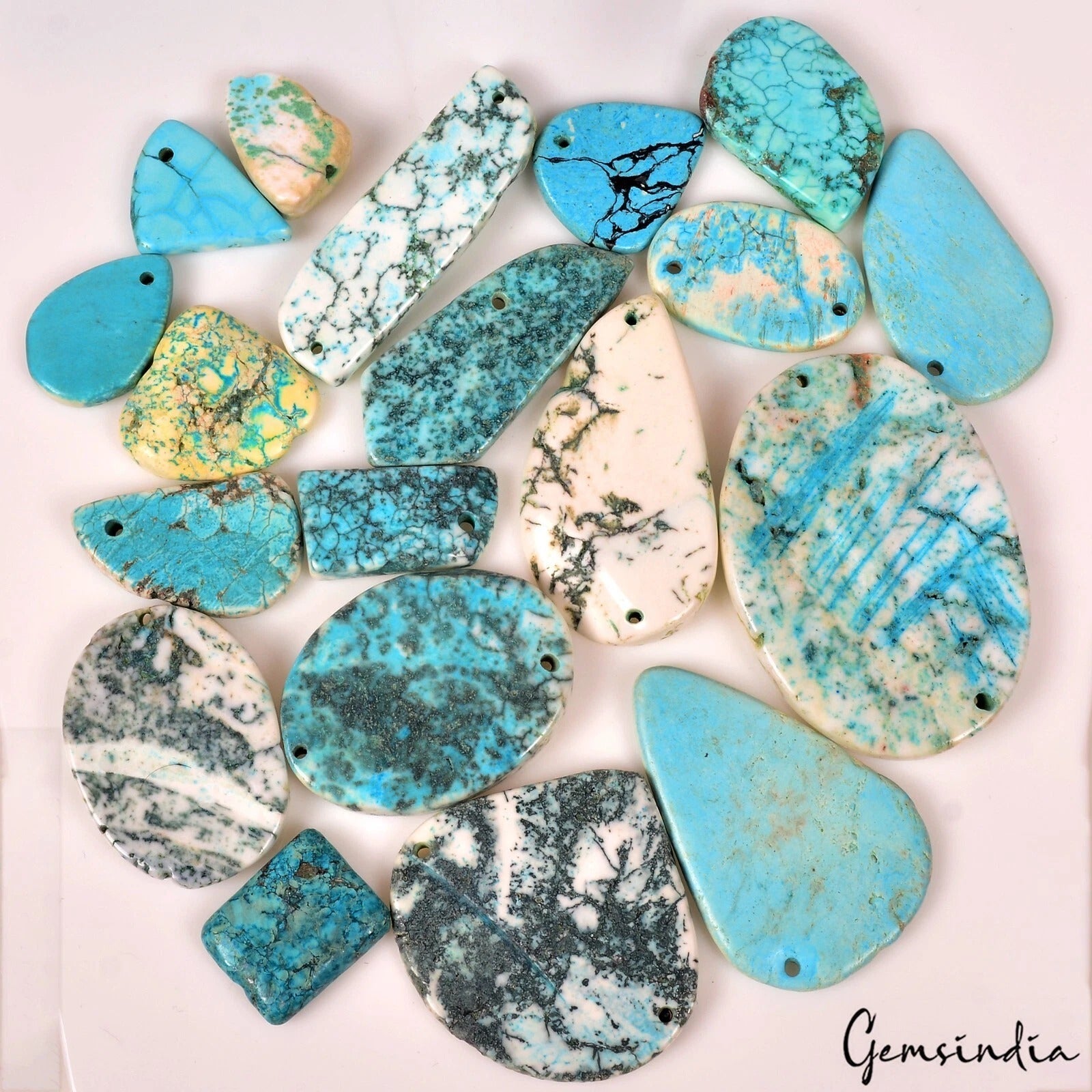 630 Ct/19 Pcs Freeform Chinese Turquoise Drilled Beads Fancy Cab Gem For Jewelry