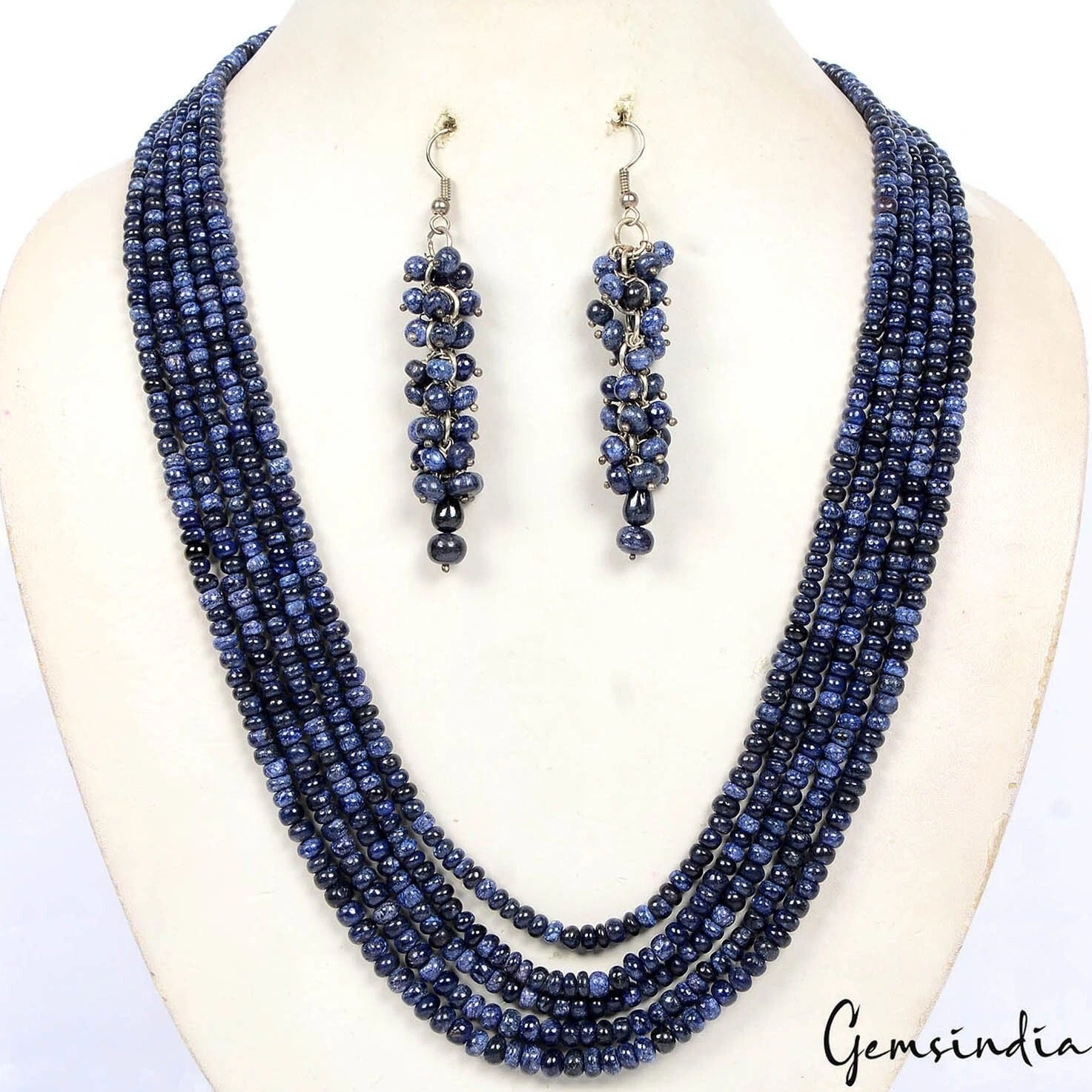 560 Cts Earth Mined 5 Strand Blue Sapphire Round Cab Beads Necklace w/ Earrings