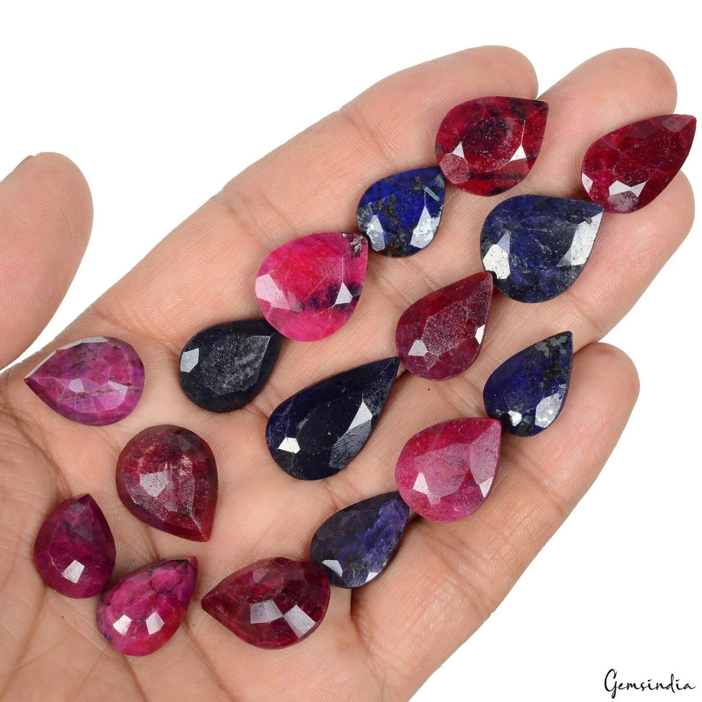 250.00 Ct Natural Red Ruby Blue Sapphire Pear Faceted Gems Lot 16Pcs For Jewelry