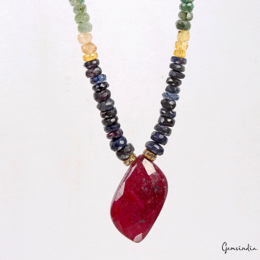 One Strand Natural Emerald Ruby Sapphire Necklace Faceted Beads w/Ruby Briolette