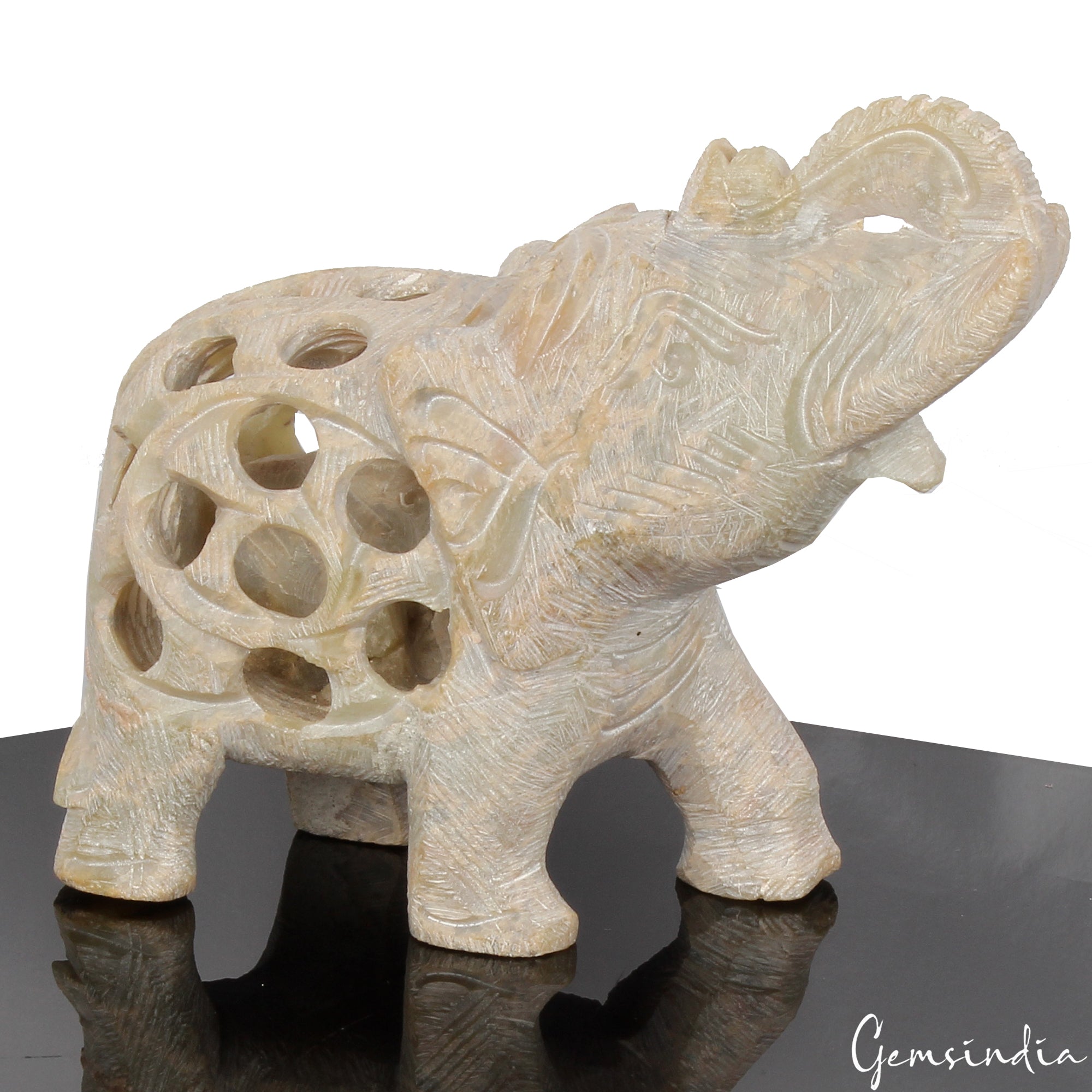 1220Ct Soapstone Trunk Up Elephant Statue Animal~ Baby inside Sculpture/Artifact