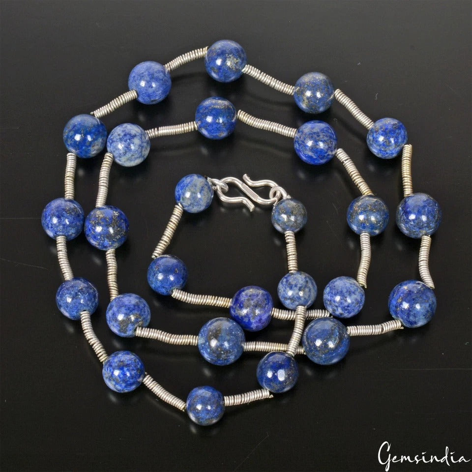 197.10 Ct Natural Blue Lapis Lazuli Round Cab Beaded Single Strand Necklace 20in