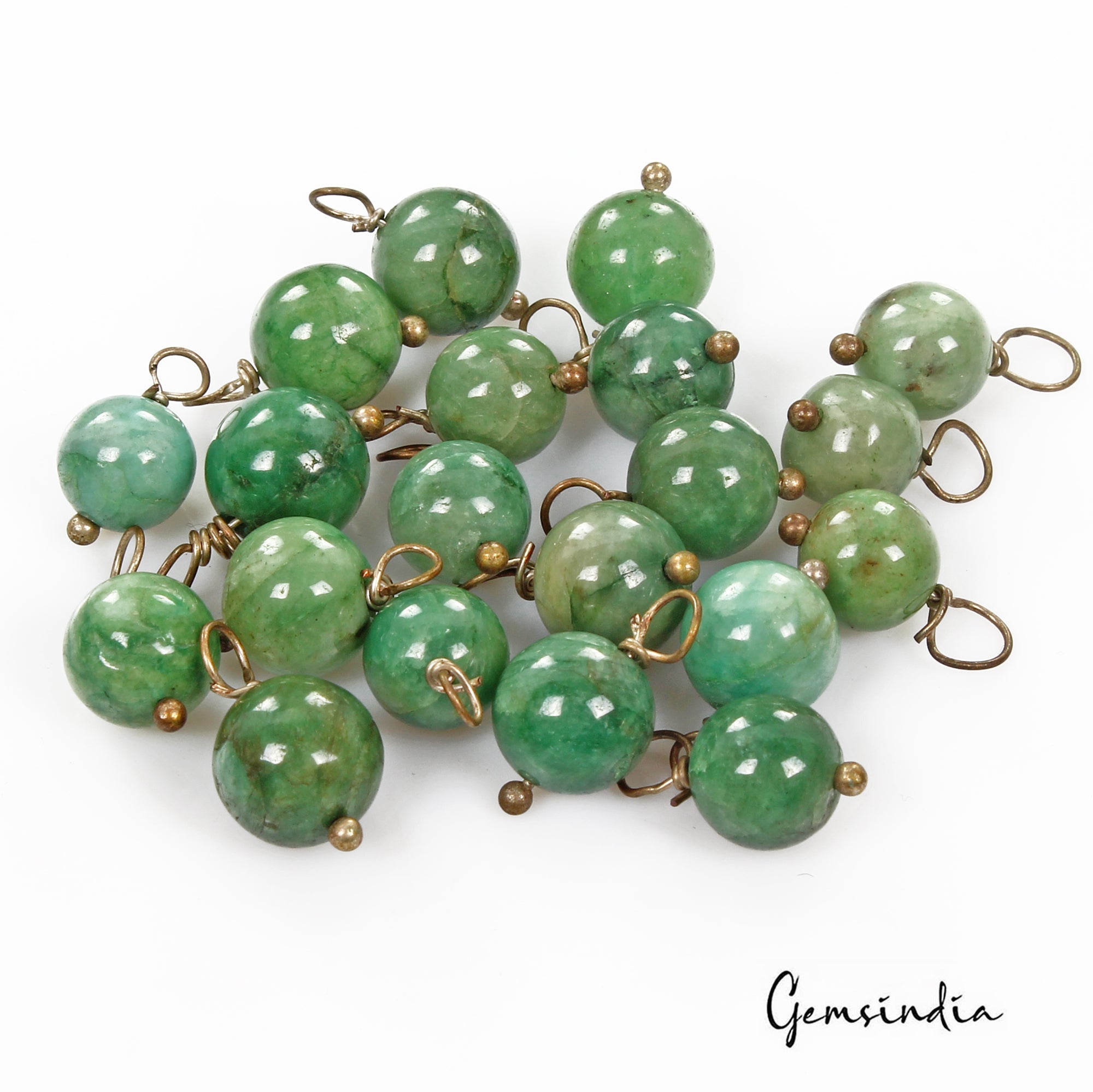 178.60 Ct/20Pcs Natural Green Emerald Round Cab Wire Loop Drill Bead For Jewelry
