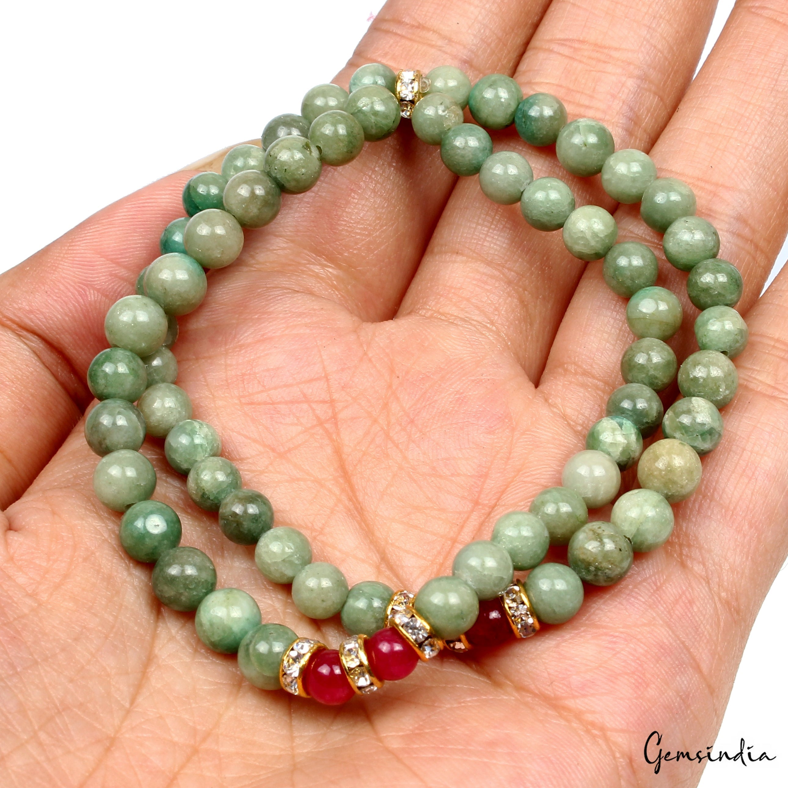 77.90 Ct Natural Emerald Ruby Round Bead Double Strand Stretchable Bracelet 6.5"