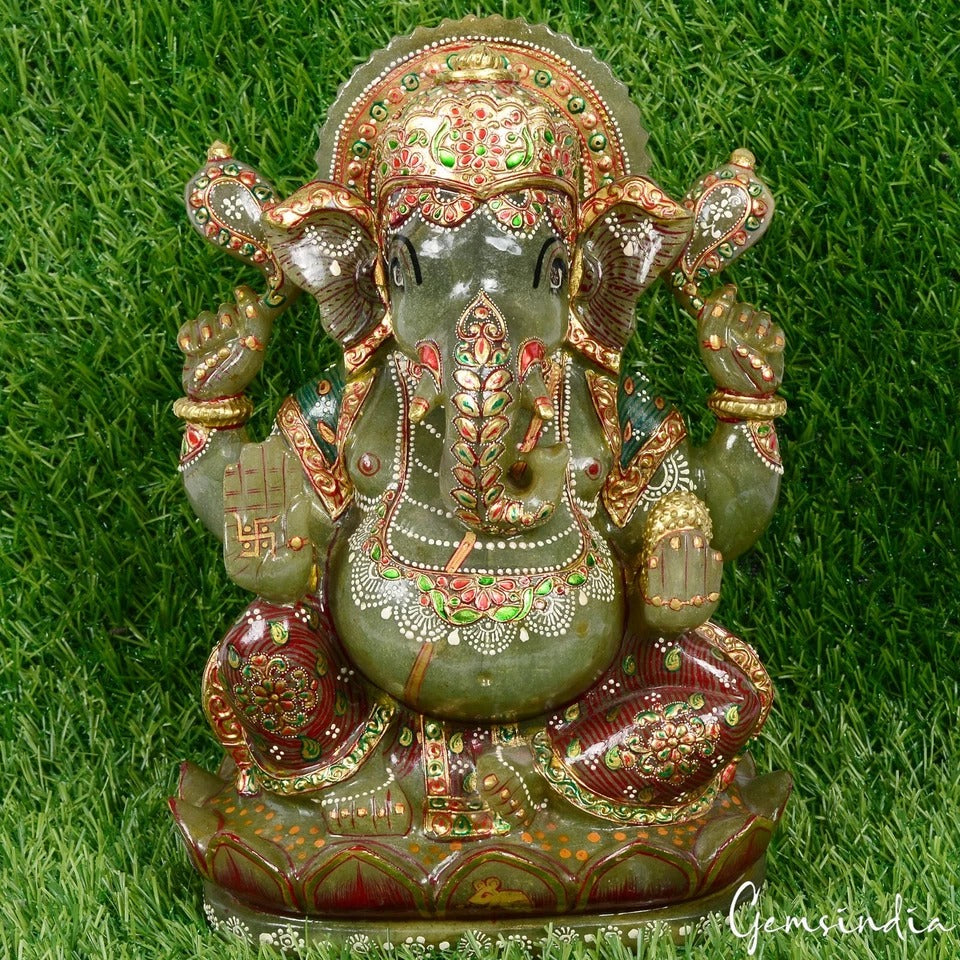 5.1 Kg Natural Aventurine Singlestone Carved Lord Ganesha Gold Paint Sculpture