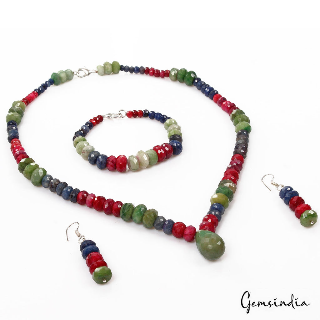 711.80 Ct Natural Multi Color Ruby Emerald Sapphire Round Cut Beaded Jewelry Set