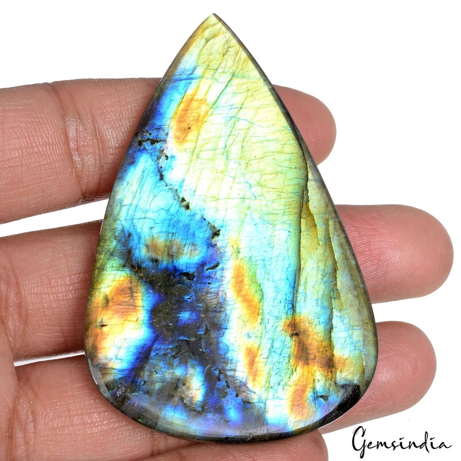 Certified 198.40 Cts Natural Untreated Blue Green Shine Labradorite Pear Cab Gem