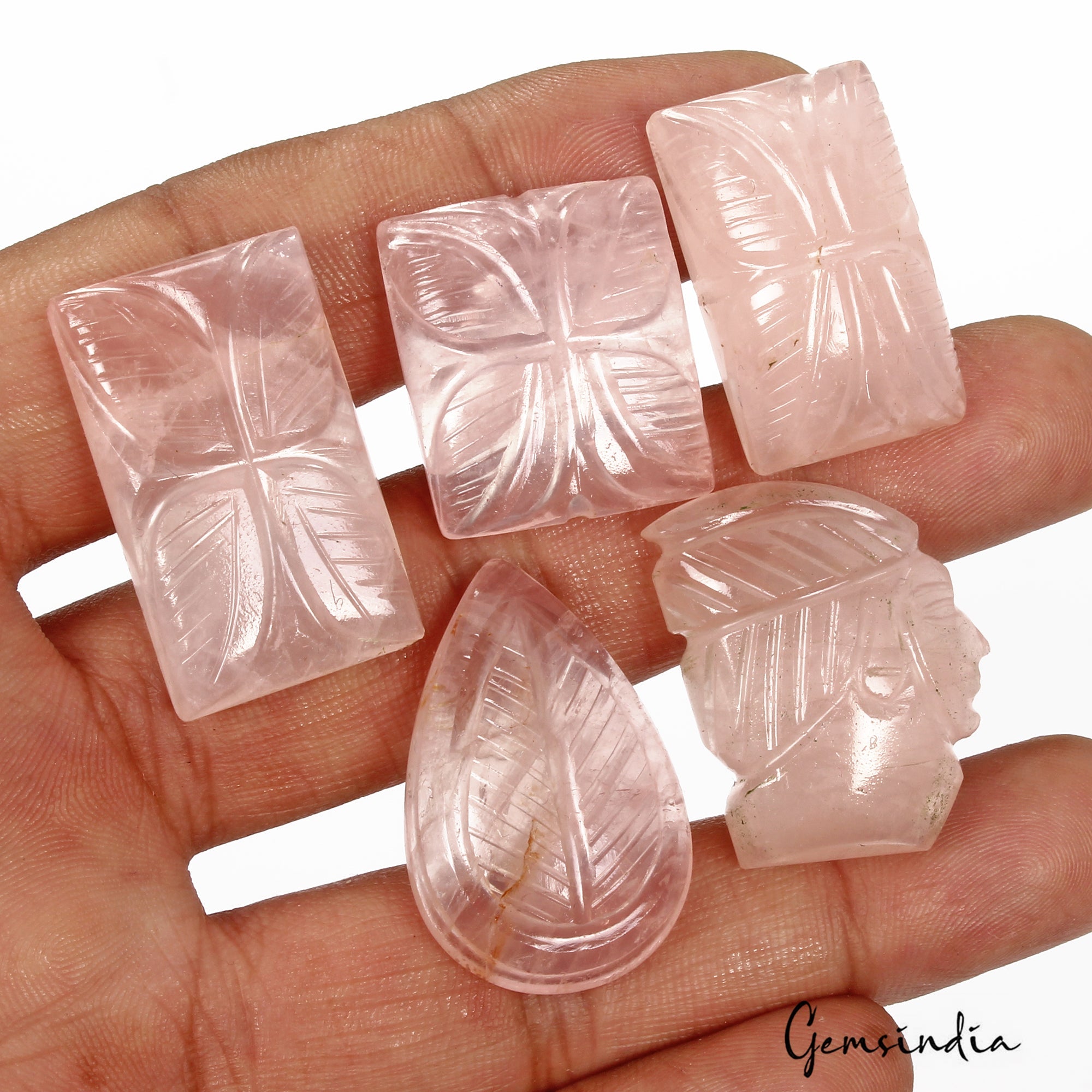 210 Ct/5 Pcs Natural Untreated Pink Rose Quartz Hand Carved Gems Lot For Pendant