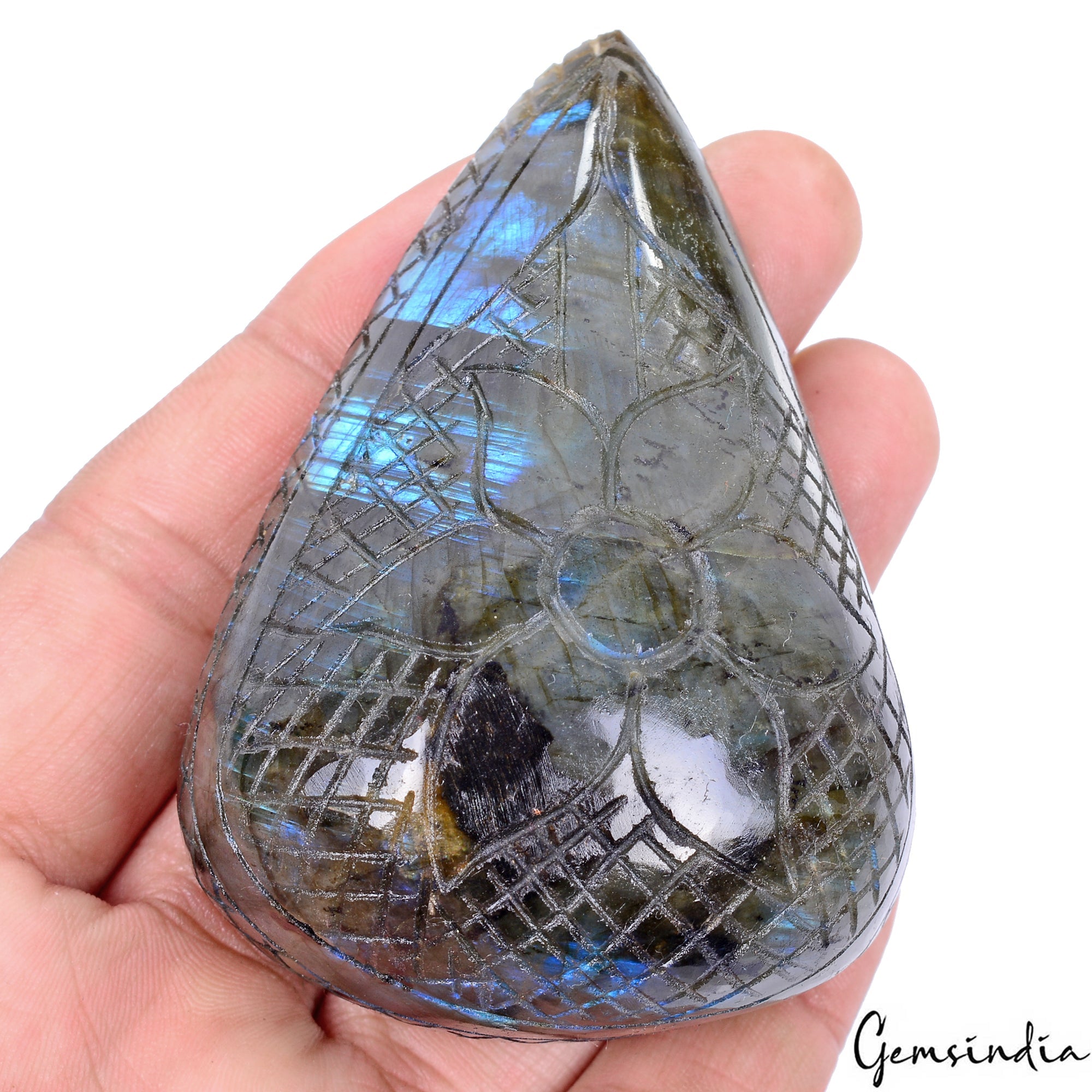 850Ct Natural Untreated Blue Shine Labradorite Pear Carving Earth Mined Gemstone