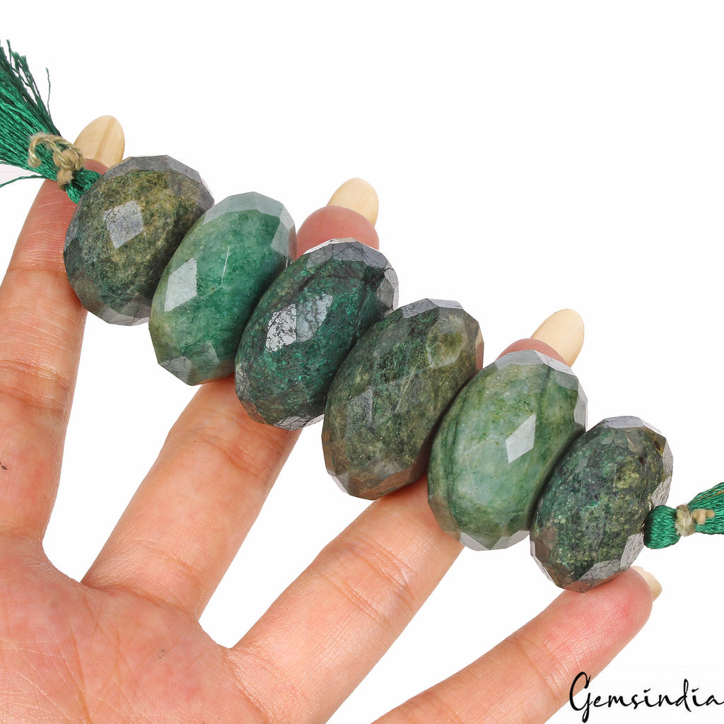 6 Pcs/690 Cts Natural Green Emerald Round Faceted Cut Drilled Beads for Jewelry
