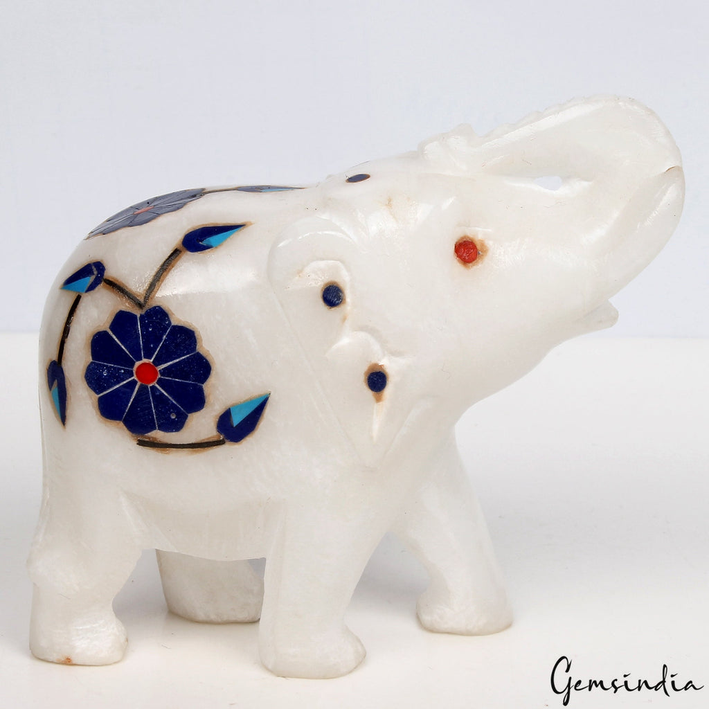 1290 Ct Handcrafted White Marble Elephant with Beautiful Inlay Design Home Decor