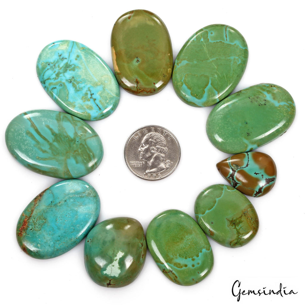 500 Cts/10 Pcs Natural Green Blue Turquoise Oval Cab Loose Rare Gems For Pendant