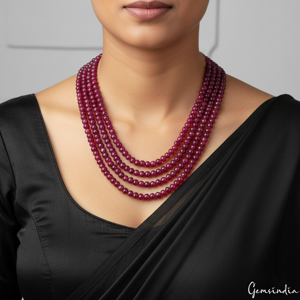 4 Strand Natural Ruby Necklace 4-6mm Plain Cabochon Beads W/ Silk Tassel 700 Cts