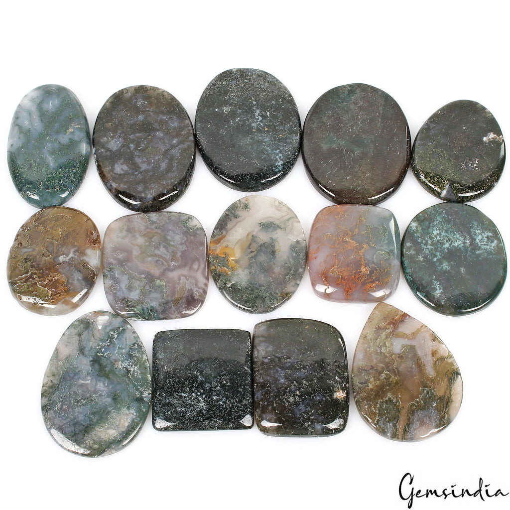 Moss Agate Lot, Cabochon, Assorted Cabochon, Untreated — 14 Pieces, 39mm to 57mm, 1600 Ct