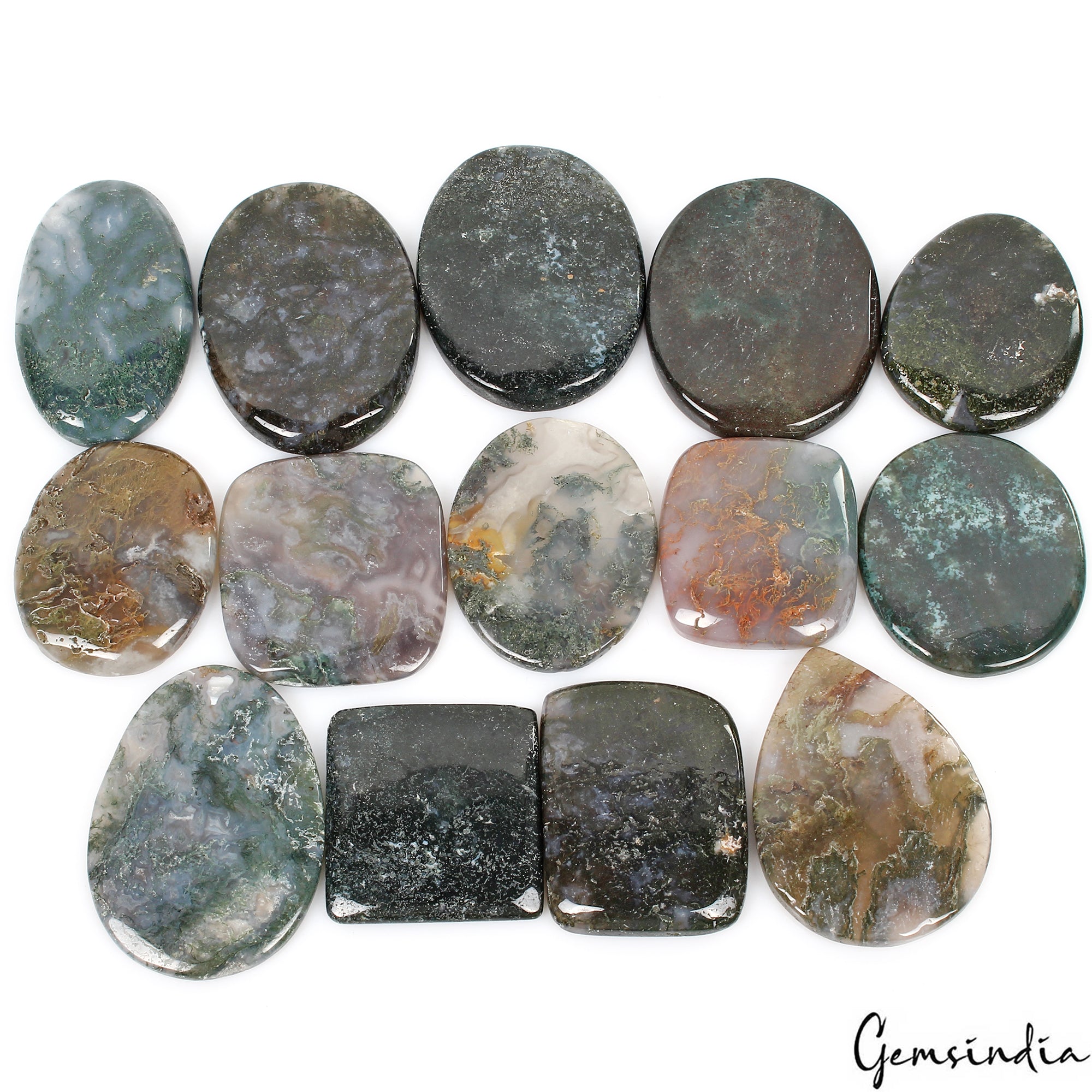Moss Agate Lot, Cabochon, Assorted Cabochon, Untreated — 14 Pieces, 39mm to 57mm, 1600 Ct