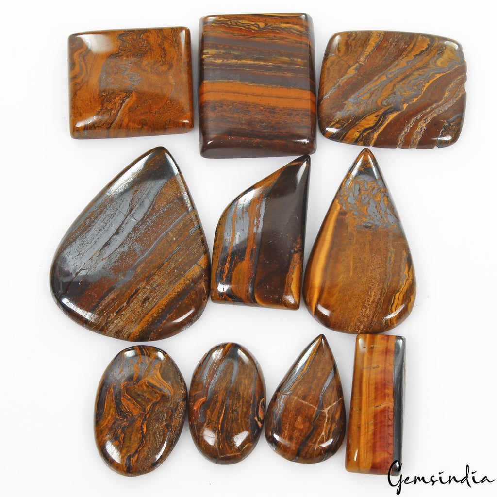530 Cts/10 Pcs Natural Untreated Brown Iron Tiger Eye Mixed Cab Loose Gems Lot