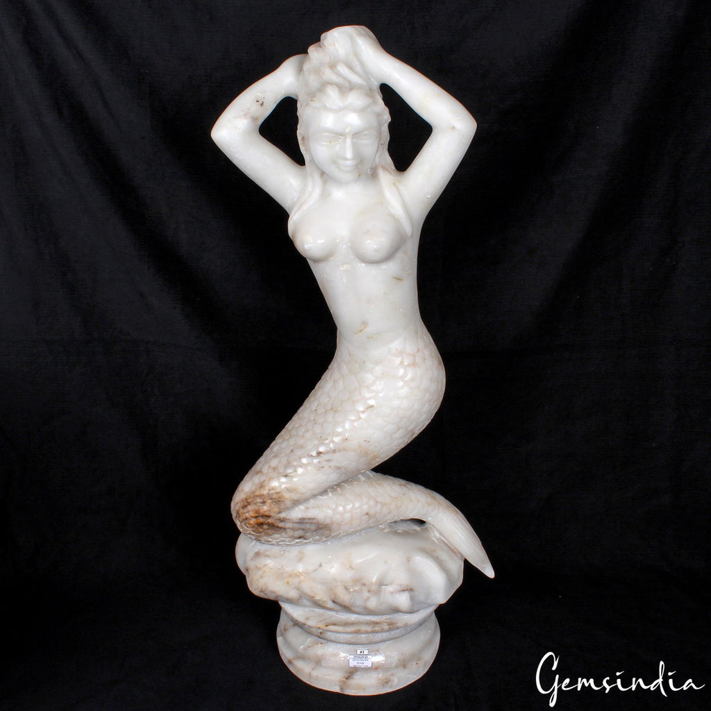 26" Large Mermaid Sitting on Rock Statue Sculpture Figurine White Marble 20 kilo