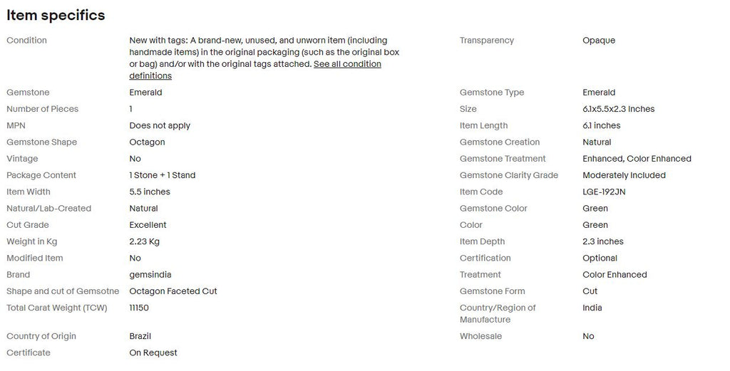 Natural 2.23 Kg Green Octagon Cut Emerald Huge Size Gem W Stand~6.1x5.5x2.3 in