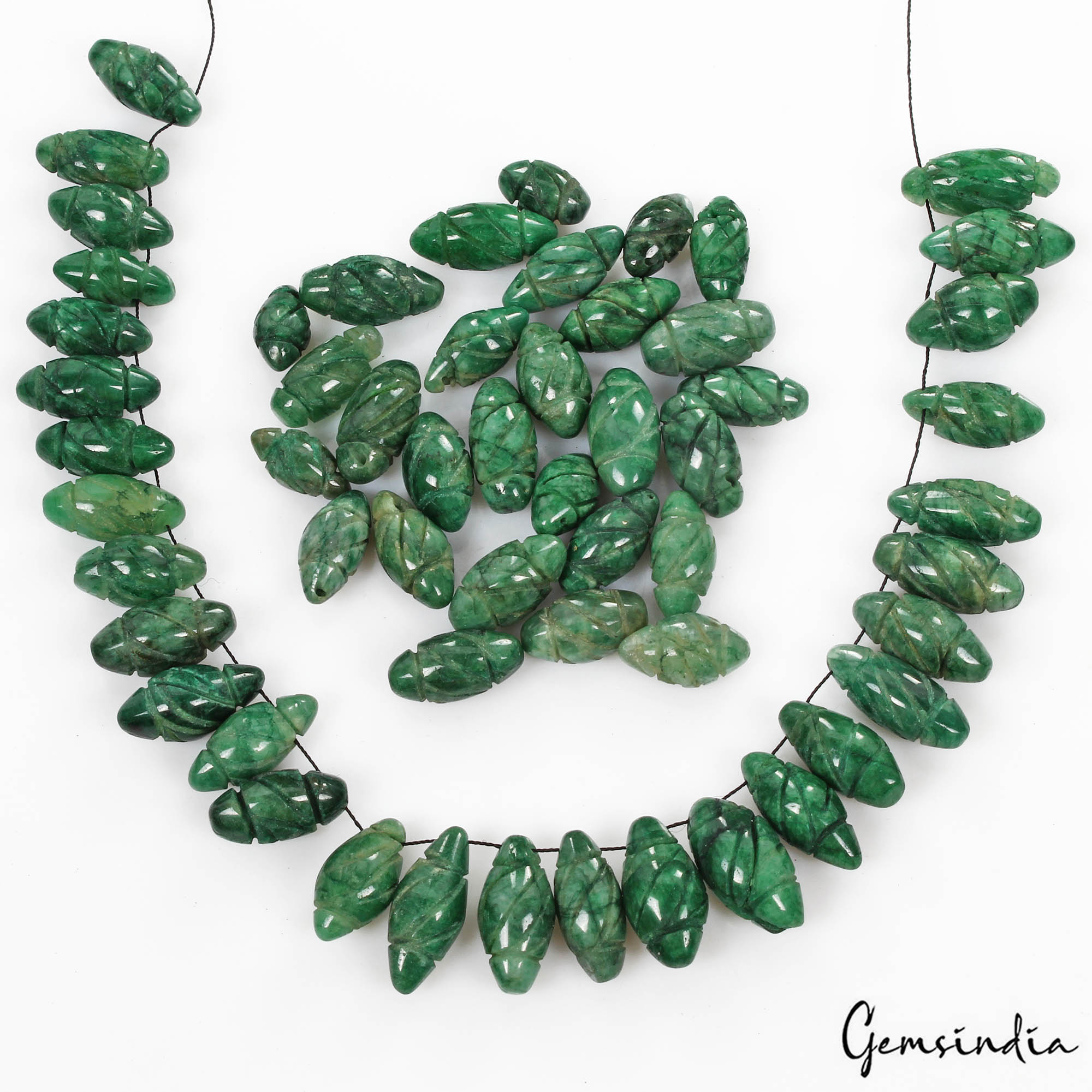 590 Cts/57 Pcs Natural Green Emerald Gem Drum Shape Carved Drill Bead/Briolettes
