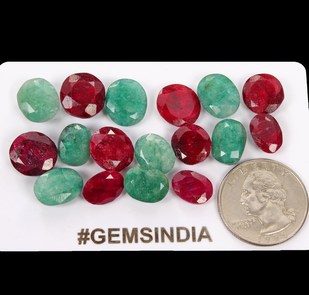 17 Pcs Natural Red Ruby Green Emerald Oval Cut 11-13mm Loose Ring Size Gemstones