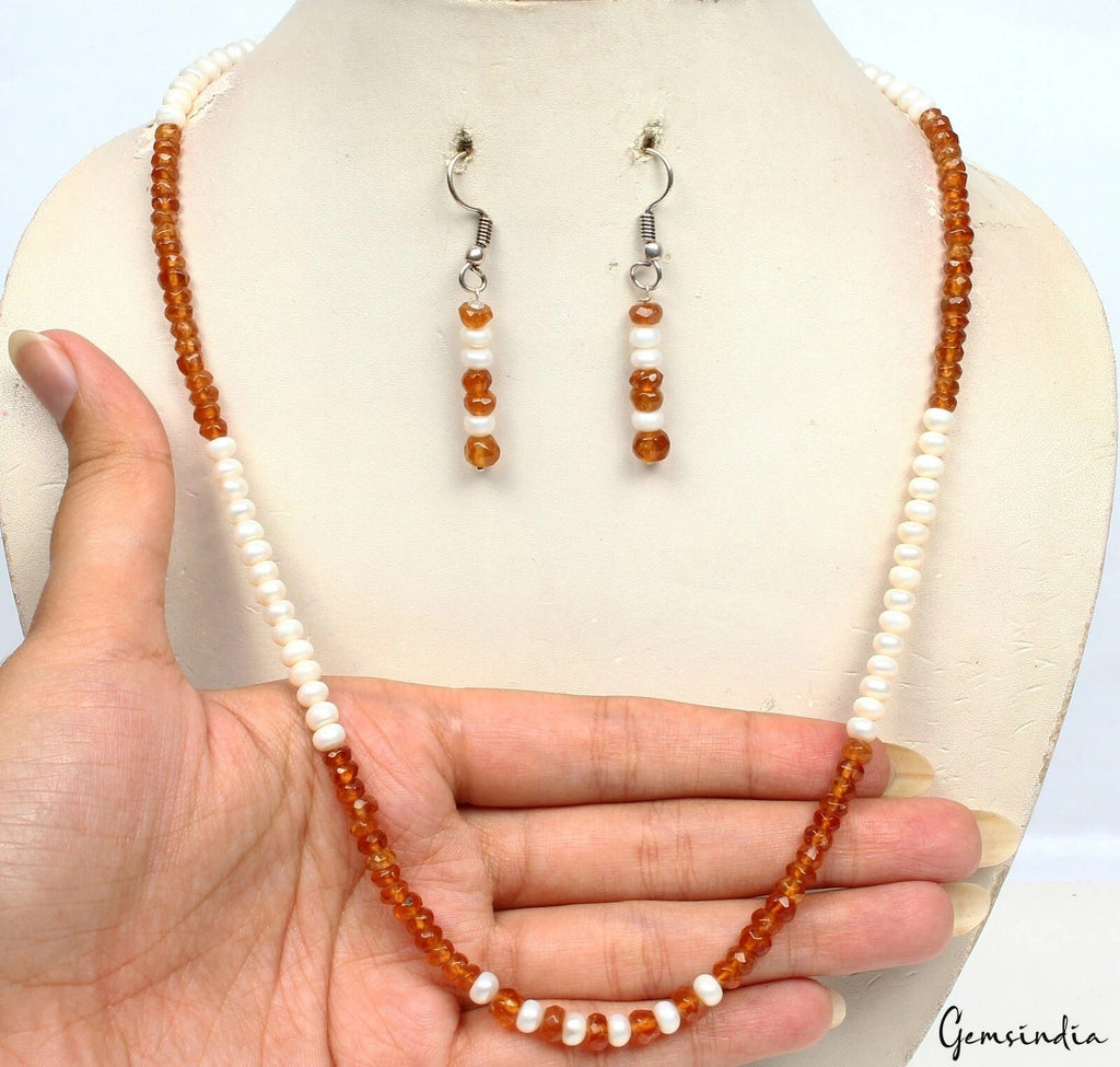 131.20 Cts Natural Brown Hessonite Garnet & Freshwater pearl Beaded Jewelry Set