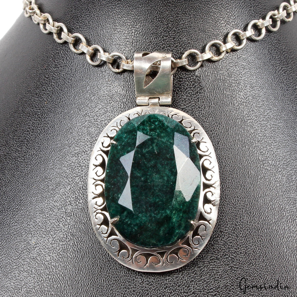 38.87 Gms Certified Natural Emerald Huge 925 Sterling Silver Exquisite Pendant