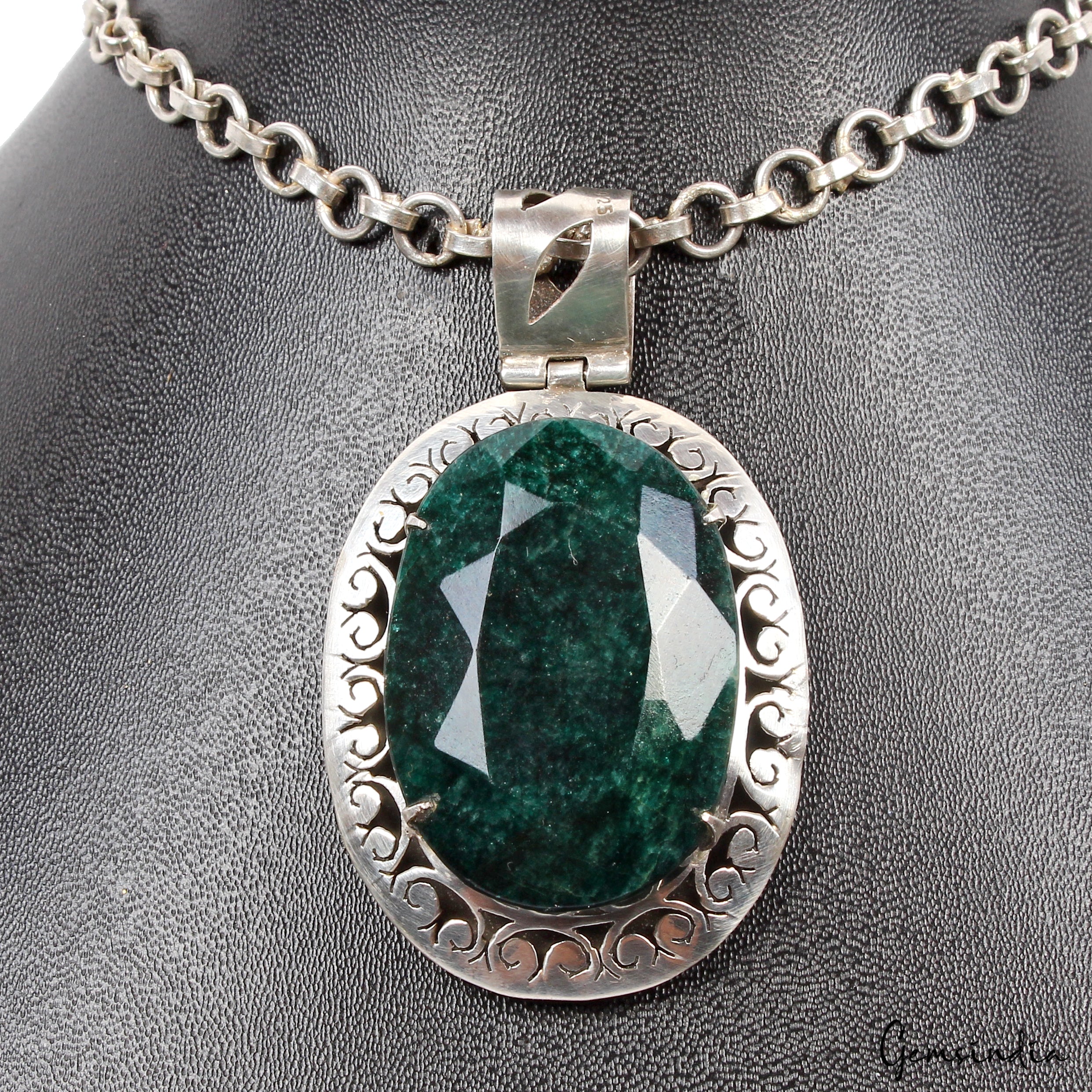 38.87 Gms Certified Natural Emerald Huge 925 Sterling Silver Exquisite Pendant