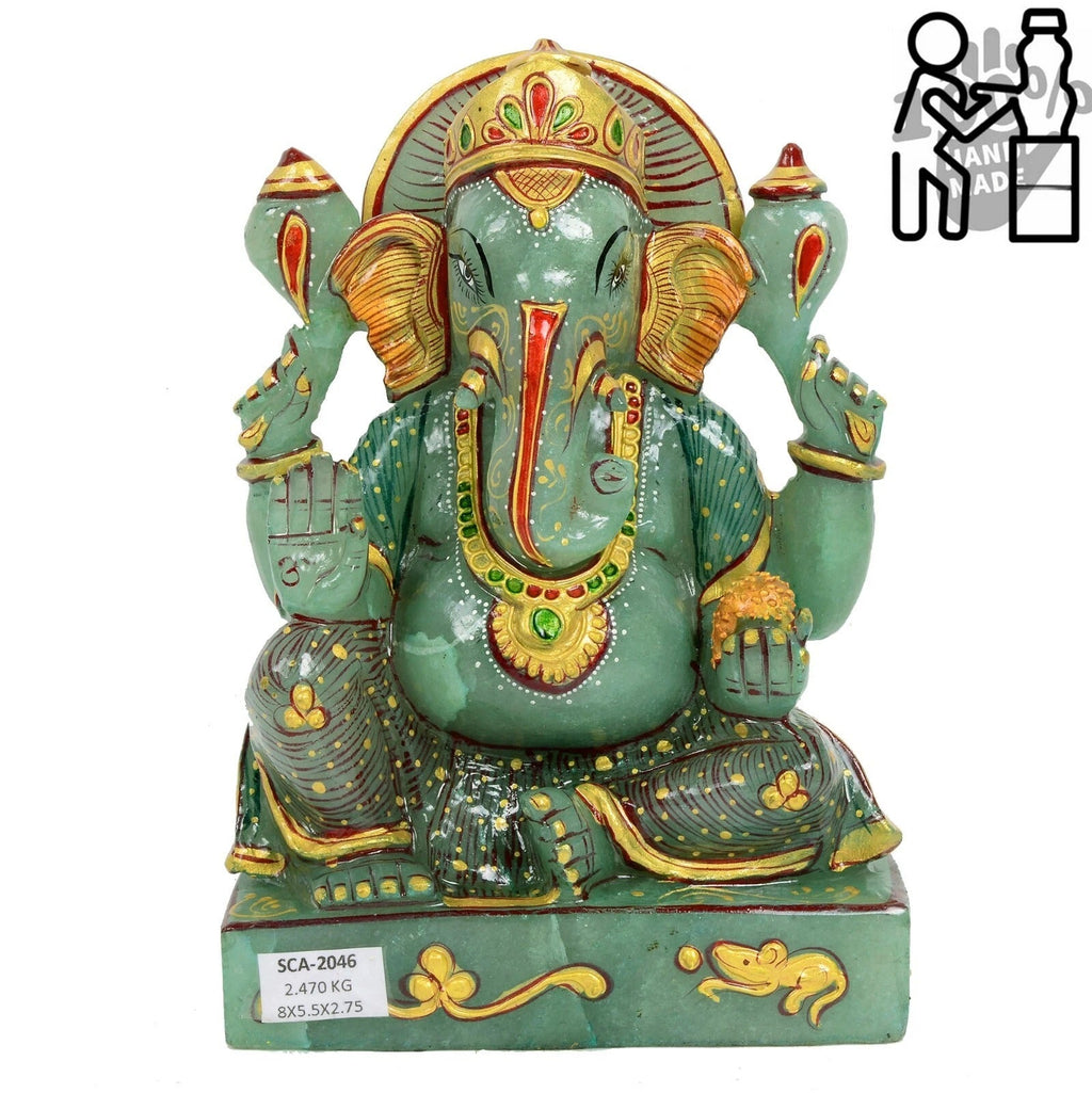 2.4 Kg Natural Green Aventurine Hand Crafted Lord Ganesha Gold Paint Sculpture