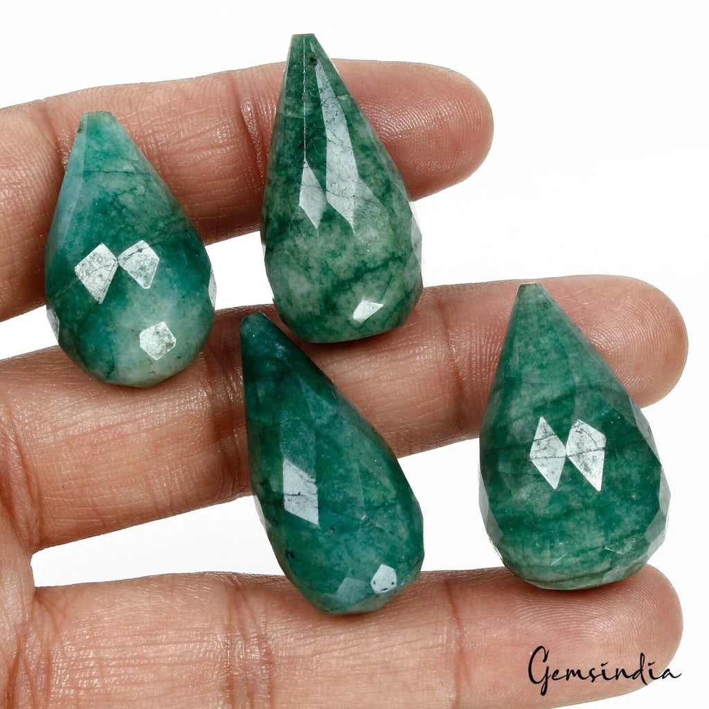 4 Pcs Natural Brazilian Green Emerald Pear Drop Checker Cut Drilled Briolettes