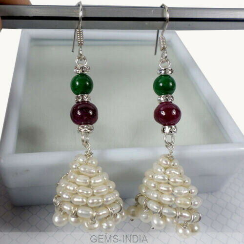 3"Long Pearl & Ruby Emerald Handmade Pair Of Earring Silver Earwire~77.60 Cts