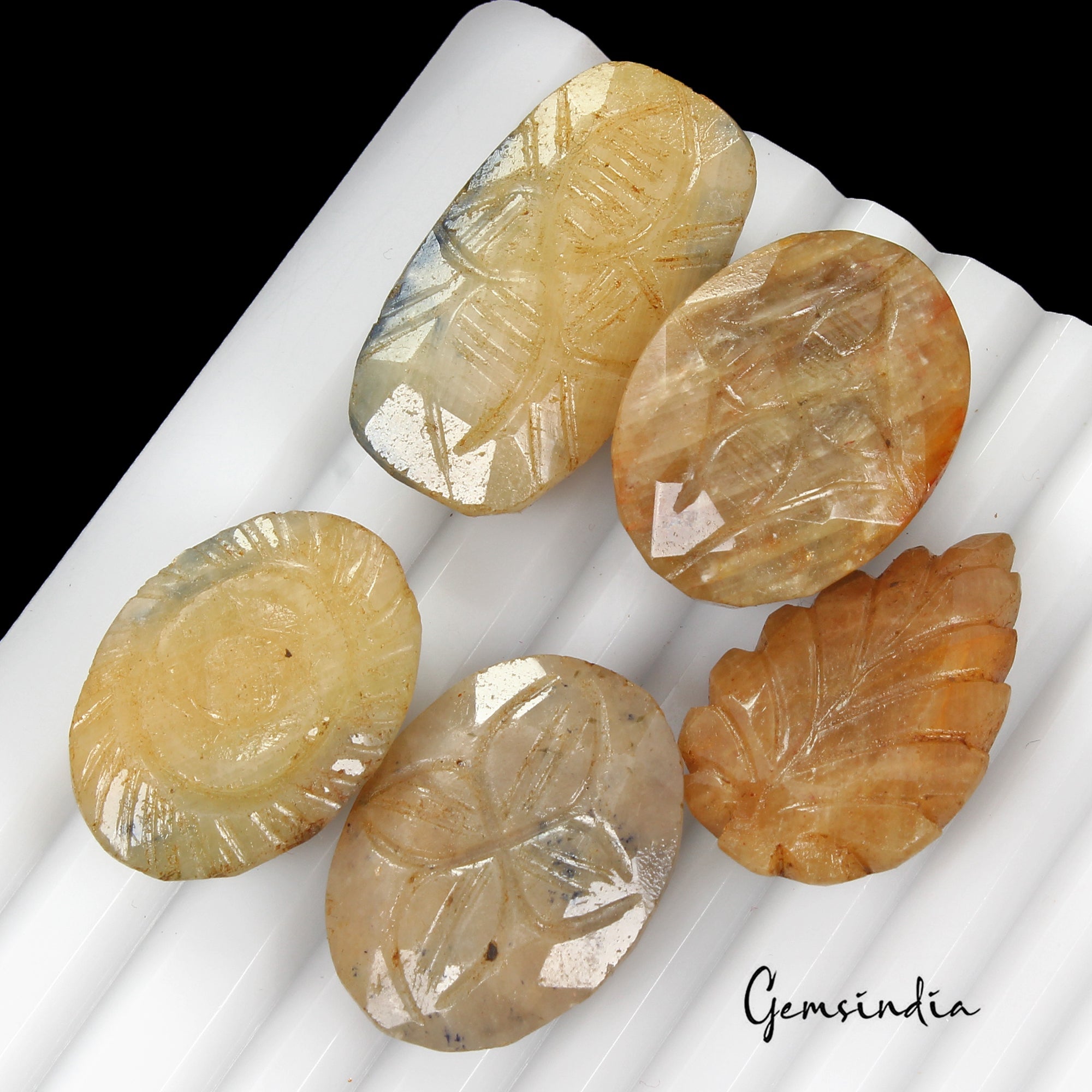 370 Ct/5Pcs Natural Untreated Yellow Brown Sapphire Mix Cut Both Side Carved Gem