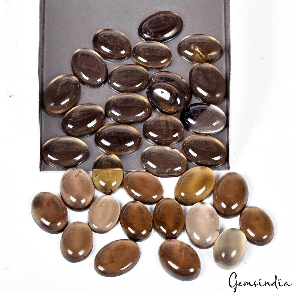 33 Pcs Natural Smoky Quartz 15mm-18mm Oval Cabochon Flatback Loose Gemstones Lot