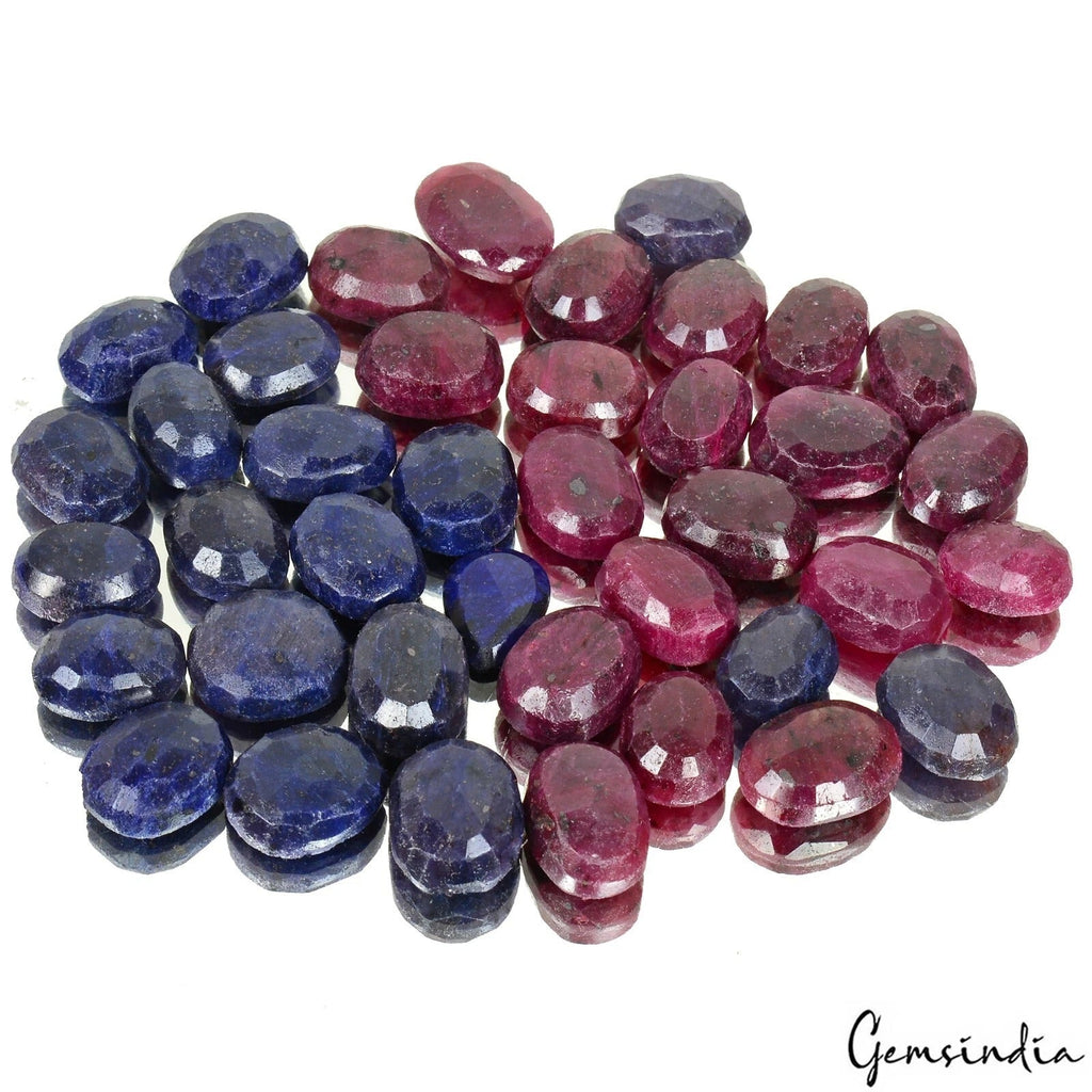 770 Ct/40 Pcs Natural Red Ruby Blue Sapphire Oval Cut Loose Gems Lot For Jewelry